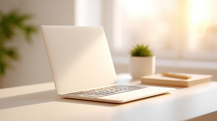 tidy desk with closed laptop and stationery arranged neatly in sunlit room offers serene work-from-home setting