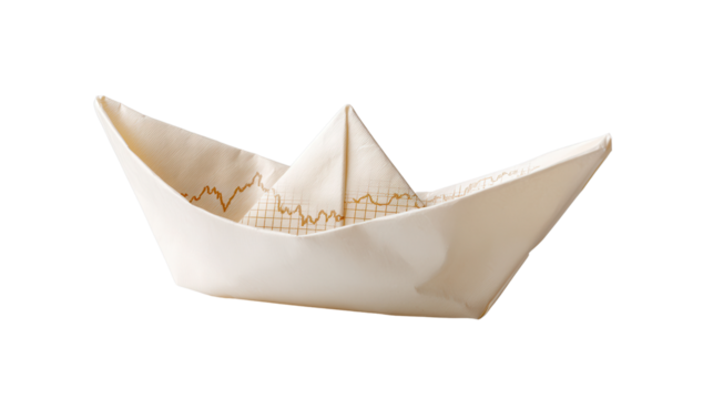 A simple origami paper boat crafted from a financial report paper, featuring visible stock market graph lines, symbolizing economy, finance risk, or navigating business challenges.