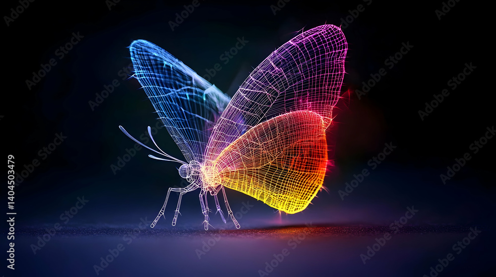 Poster a colorful glowing pixelated butterfly with vibrant gradient wings on dark background with a touch o