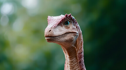 Detailed Close Up Portrait of a Brown Dinosaur Head with Green Eyes and Blurred Green Background