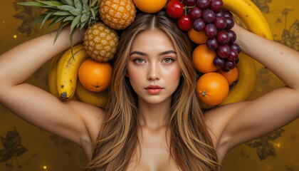 A girl with tropical fruit. A beautiful girl keeps tropical fruit ananas, banana, orange, grapes, cherry on her head.