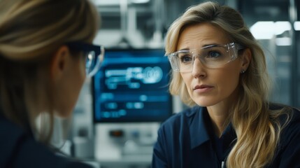 Woman in lab coat and safety glasses having a discussion