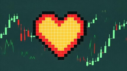 Pixelated heart symbol overlaying fluctuating stock market graphs, illustrating emotional investment - Powered by Adobe