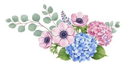Watercolor Dream: Delicate Anemones and Hydrangeas AI Generated