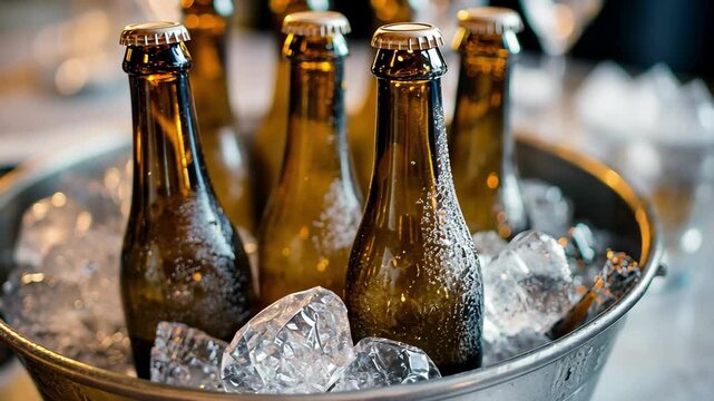 Enjoying a refreshing bucket of frosty beer bottles on ice at a gathering, Bucket of frosty beer bottles on ice, enhancing the dining experience at a chic bistro