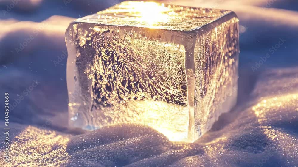 Poster translucent ice block captures sunlight in a winter landscape of sparkling snow, closeup of transluc