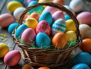 Naklejka premium Colorful Easter Eggs in Basket - Festive Spring Holiday