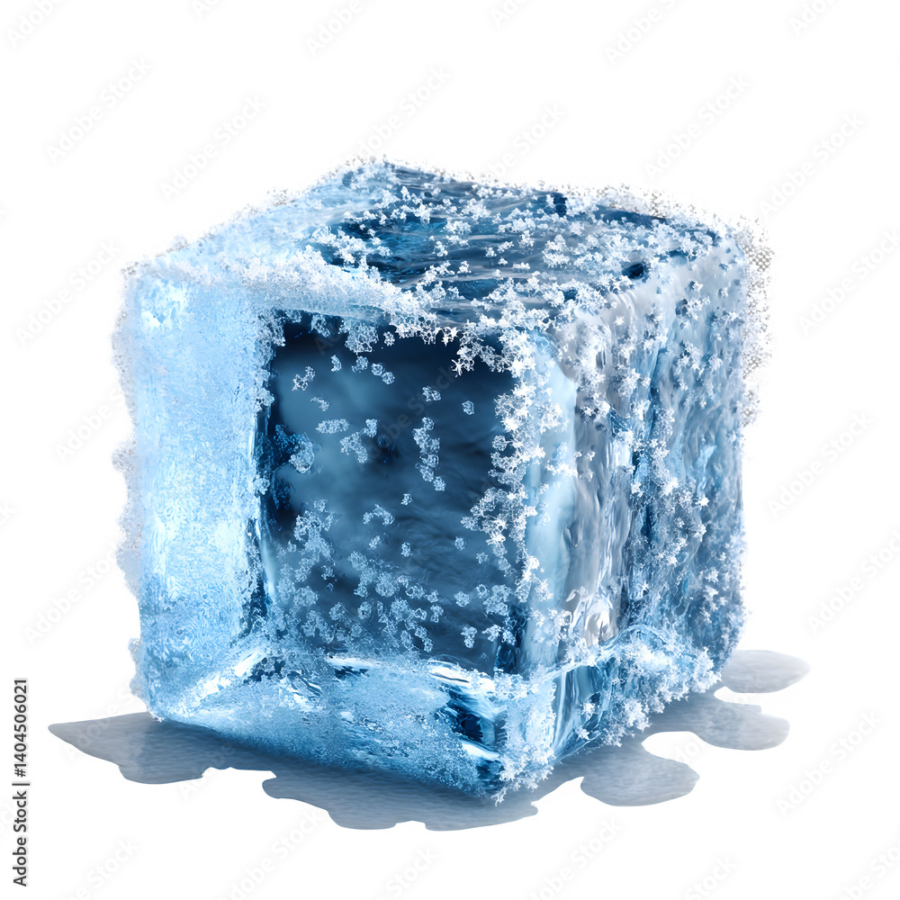 Poster ice cube with frost layer isolated on transparent background