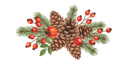 Watercolor Winter: A Festive Arrangement of Cones and Berries AI Generated