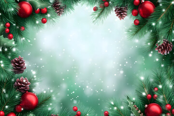Christmas background with fir branches red baubles and snowflakes

