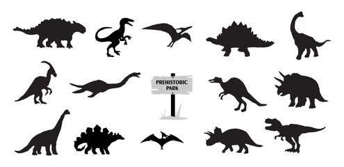 A set of dinosaur silhouettes are shown in various poses, including a T Rex, Brontosaurus, Pteranodon, Stegosaurus, Velosiraptor. Vector flat illustrations isolated on transparent background © Alexbrow