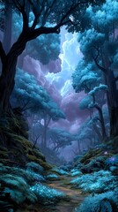 Mystical blue forest path, ethereal glow