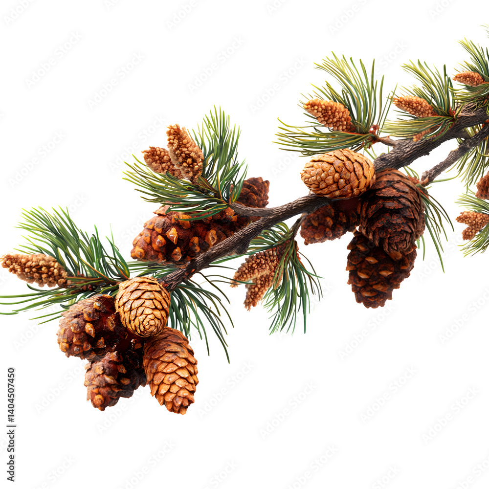 Poster pine branch with pinecones isolated on transparent background