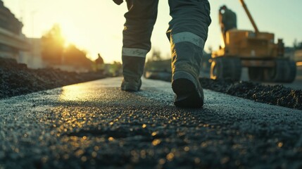 Construction worker laying asphalt on a new road. Featuring roadwork and infrastructure development