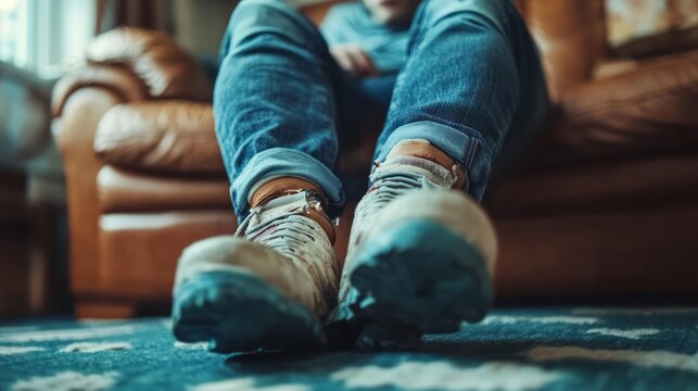 Close up view of person wearing worn work boots
