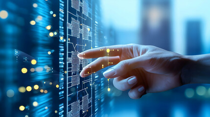Fototapeta premium Hand Interacting With Futuristic Blue Digital Data Stream Display In Abstract Technological Environment