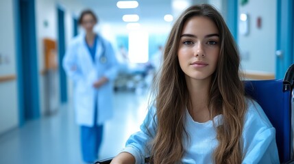 Young woman sits in wheelchair in bright hospital hallway