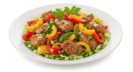 Plate of stir-fried meat with colorful bell peppers and greens on white background.