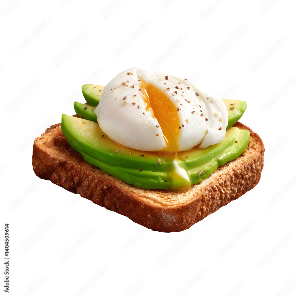 Poster toast with poached egg and avocado isolated on transparent background
