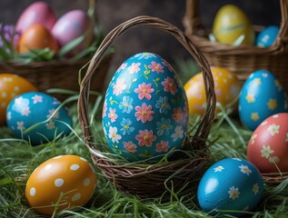 Decorative Easter Eggs in Basket, Springtime Holiday