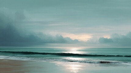 Serene coastal scene at sunrise, with tranquil ocean and cloudy sky