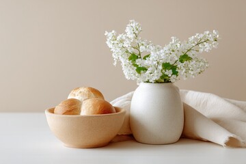 capture minimalistic scene featuring traditional shavuot table setting with challah bread fruits and small bouquet