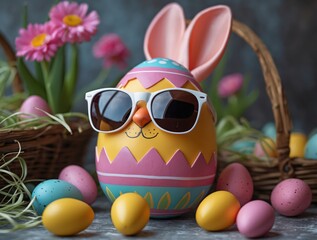 Cool Easter Egg with Sunglasses and Bunny Ears