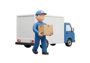 A miniature delivery man carrying a package box, with a delivery truck on the deck. Toy-like, with a transparent isolated background.