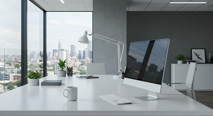 Modern Office, City View: Desk Serenity AI Generated