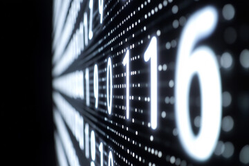 Abstract Digital number virtual binary code on business center exterior dark background, lights and design elements on the subject of digital communications, data transfers and virtual reality