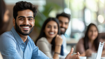 Obraz premium Group of Indian colleagues engaging in a discussion during a business meeting in a conference room. Happy business people, men and women