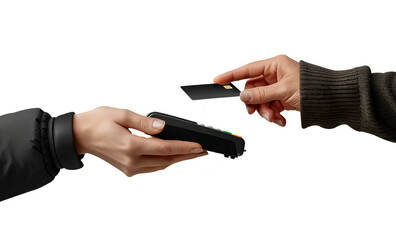 Two hands engaging in an electronic payment with a contactless credit card and a POS machine