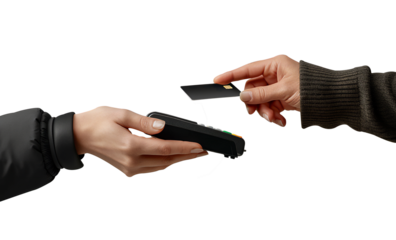 Two hands engaging in an electronic payment with a contactless credit card and a POS machine