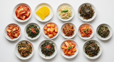 Collection of various korean kimchi types served in small white bowls.