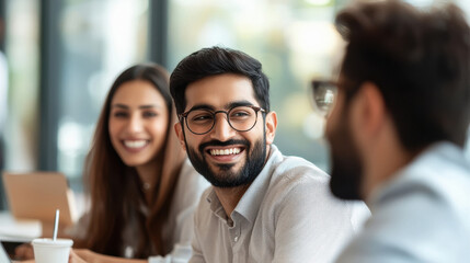 Obraz premium Group of Indian colleagues engaging in a discussion during a business meeting in a conference room. Happy business people, men and women