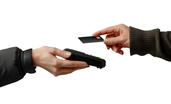 Two hands engaging in an electronic payment with a contactless credit card and a POS machine
