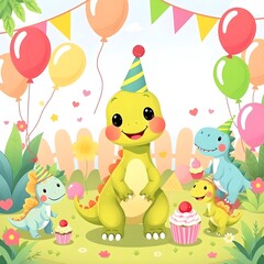 Obraz premium Tiny Dinosaur's Birthday Party