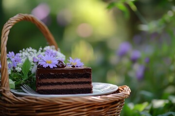 A slice of decadent chocolate cake, adorned with delicate purple flowers, served outdoors.