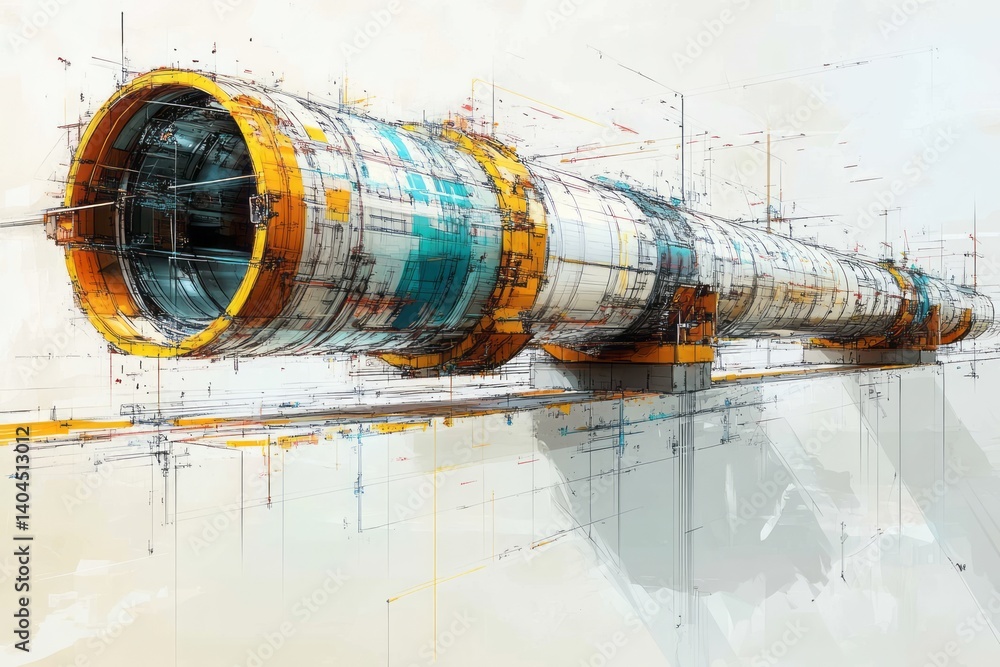 Poster technical design rendering of a large industrial cylindrical structure