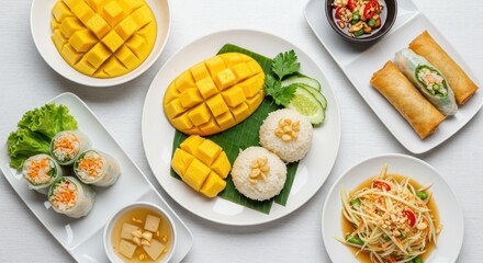 Assorted Thai food dishes including mango sticky rice and spring rolls on plates.