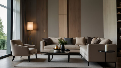 Modern minimalist living room with beige sofa armchair coffee table and wooden accents in warm natural light and contemporary home interior style