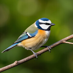 Obraz premium Bright Orange and Blue Bird Resting on Branch with Blurred Background. This vivid bird with striking orange and blue feathers rests on a branch, beautifully captured against a soft, blurred backgro