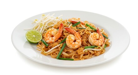 Pad thai with shrimp sprouts and lime on a white plate.