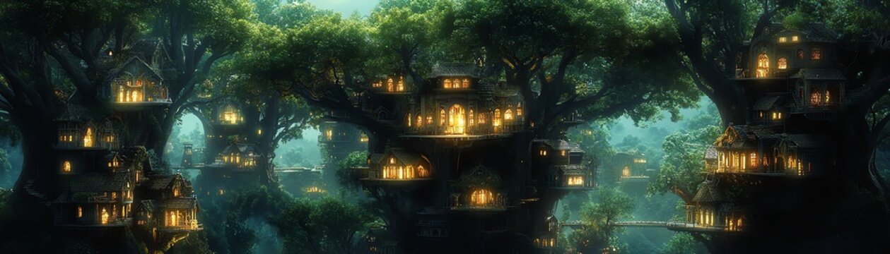 Explore a breathtaking fantasy city nestled within a sprawling giant tree canopy, where architecture blends harmoniously with nature.