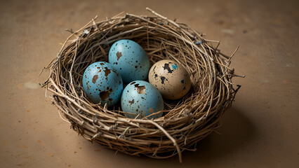 Obraz premium Carefully Arranged Nest of Twigs and Straw Holding Speckled Eggs Including Beige and Blue Variations Resting on a Textured Wooden Surface