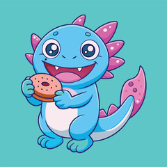 Fototapeta premium Cute Blue Cartoon Monster Holding A Donut On Teal Background