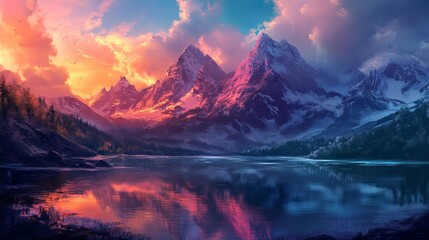 Obraz premium Majestic mountain lake landscape with pink sunset sky and snow capped peaks art calm cold blue water