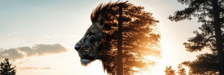 Naklejka premium Creative lion head silhouette crafted from conifer trees and rocks under a sunset sky showcasing natures wild beauty