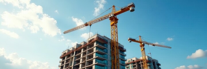 Yellow crane towers over apartment building under construction , site, tower crane, building site