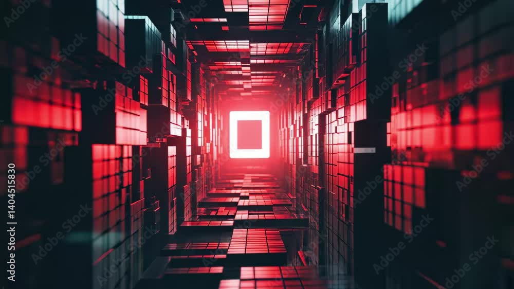 Poster floating dark sci fi block tunnel zooming through an illuminated core in a futuristic setting, float